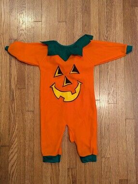 VINTAGE 80s Kids Pumpkin One-Piece Costume with Green Trim